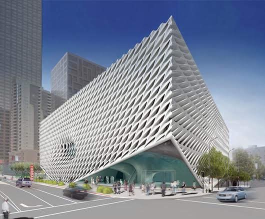 Architectural rendering of The Broad, designed by world-renowned architectural firm Diller Scofidio + Renfro in collaboration with Gensler. With its innovative “veil-and-vault” concept, the 120,000-square-foot, $140 million building features two floors of gallery space to showcase the Broad’s comprehensive collection and is the headquarters of The Broad Art Foundation’s worldwide lending library. Image courtesy of Diller Scofidio + Renfro
