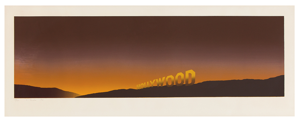 Ed Ruscha Hollywood 1968 Published and printed by the artist 8-­‐color screenprint on paper #68 of 100 Signed and dated "E. Ruscha 1968" with edition in graphite lower left sheet Image: 12.5" x 40.5"; Sheet: 17.5" x 44.5"; Frame: 21" x 48" Provenance: Brooke Alexander, Inc., New York, New York; Private Collection, Santa Barbara, California (acquired directly from the above, 1969) Literature: Edward Ruscha: Editions, 1959-­‐1999: Catalogue Raisonné. 1st ed. Vol II. S. Engberg and C. Phillpot. 1999. #7. Estimate: $75,000 – 100,000