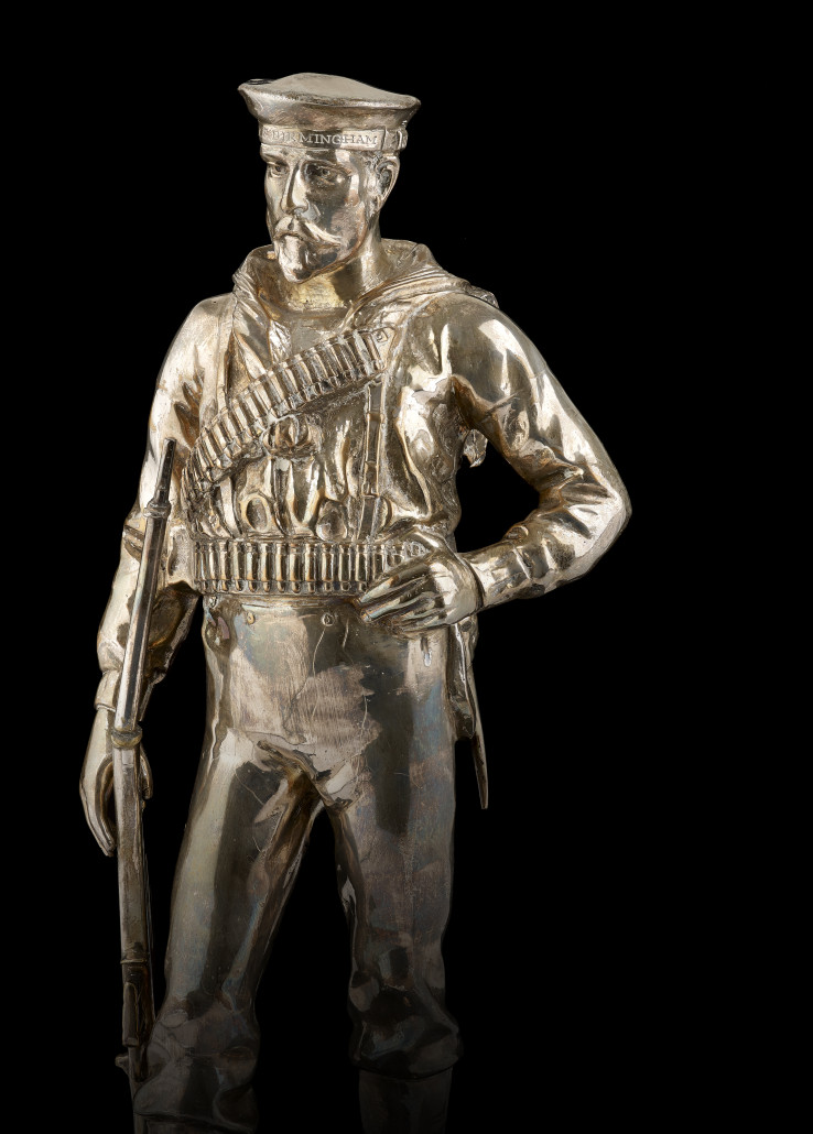 The Cartwright Memorial Trophy, a silver-plated figure of a sailor of the HMS Birmingham, sold for £680. Fellows Auctioneers image