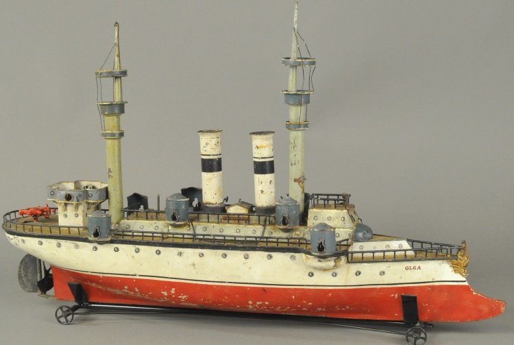 Marklin hand-painted tin Battleship Olga, German, 30 inches long, est. $20,000-$30,000