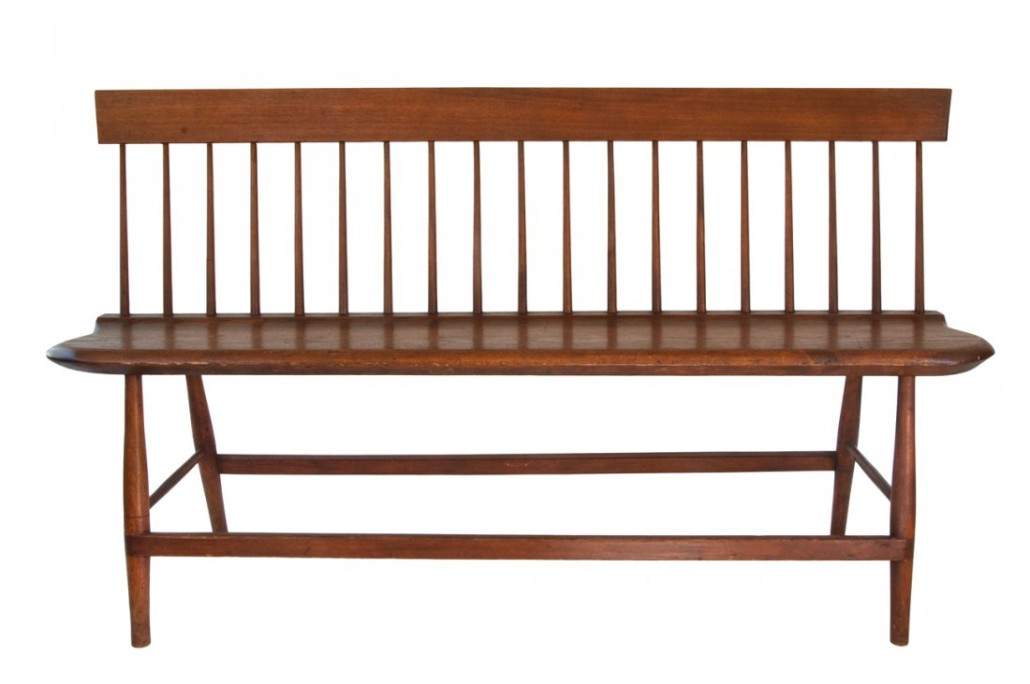 Rare meeting house bench, birch and pine with traces of original red-stained finish, circa 1830-1840, est. $20,000-$30,000. Willis Henry image