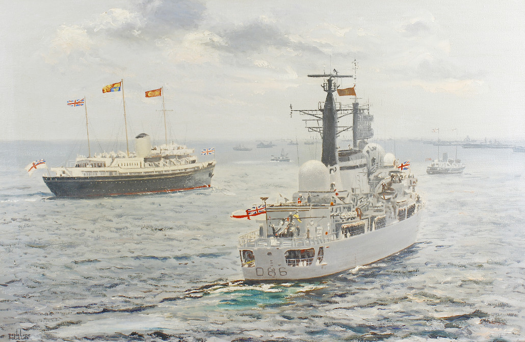 This Penelope Douglas (1934- ) oil painting depicting the Royal Yacht Britannia and D86 HMS Birmingham sold for £480. Fellows Auctioneers image