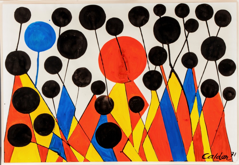 This original painting by Alexander Calder (American, 1898-1976), a gouache on Canson and Montgolfier wove paper, titled ‘Bosbies & Uniforms,’ 29 3/4 inches by 43 inches (sight), sold for $109,250. Cottone Auctions image