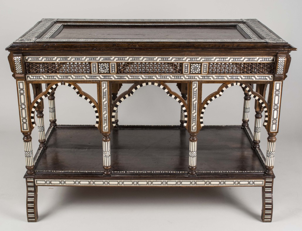 Egyptian dessert table, walnut table with Moorish-style arches on the sides, estimate: $1,000-1,500. Capo Auction image