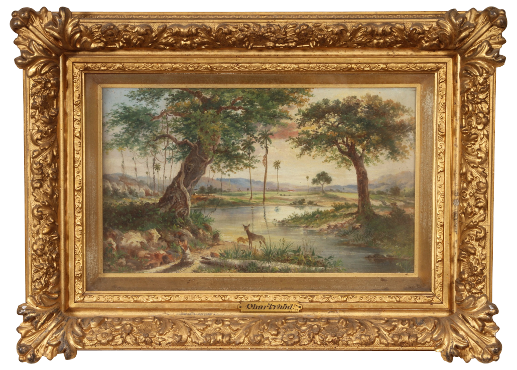 One of three pristine, never-before-offered Esteban Chartrand (Cuban/American, 1840-1884) oil on wood paintings depicting a Cuban river landscape. Black Rock Galleries image