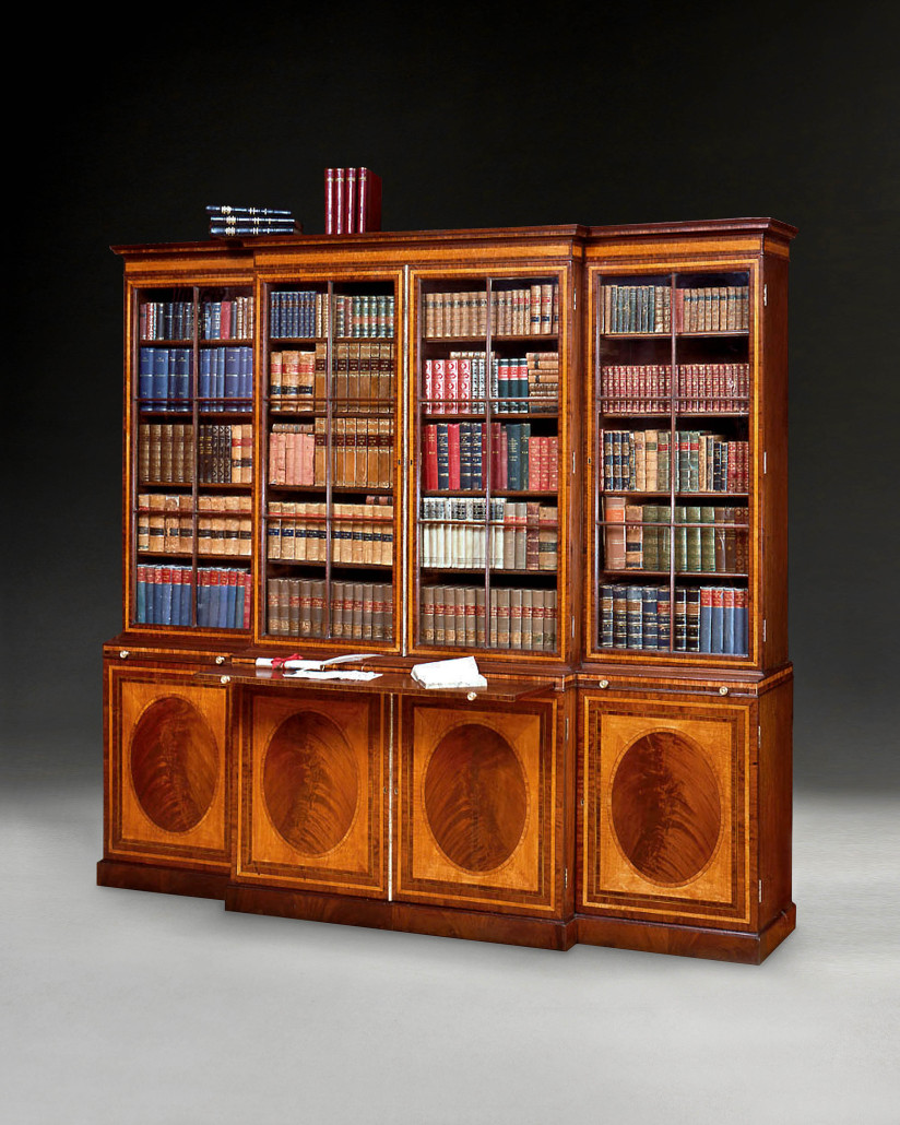 A George III mahogany and satinwood breakfront library bookcase attributed to Gillows of Lancaster, priced at £150,000 ($227,650) at W.R.Harvey of Witney. Image courtesy of W.R. Harvey. 