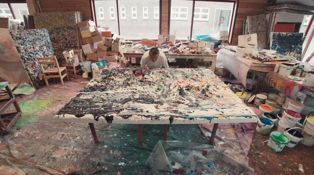 Rotterdam-based Chinese artist Zhuang Hong Yi in his studio, preparing for his first exhibition at UNIT London in Soho. Image courtesy of UNIT London.