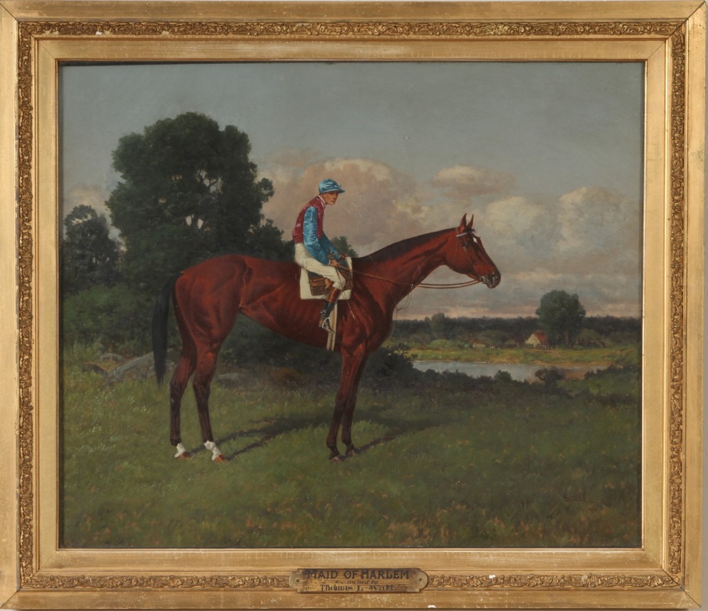 One of five fresh-to-market Henry Stull (Canadian, 1851-1913) paintings commissioned by the Watt-Pinkney family. The family bred thoroughbred horses including the renowned Maid of Harlem. Black Rock Galleries image