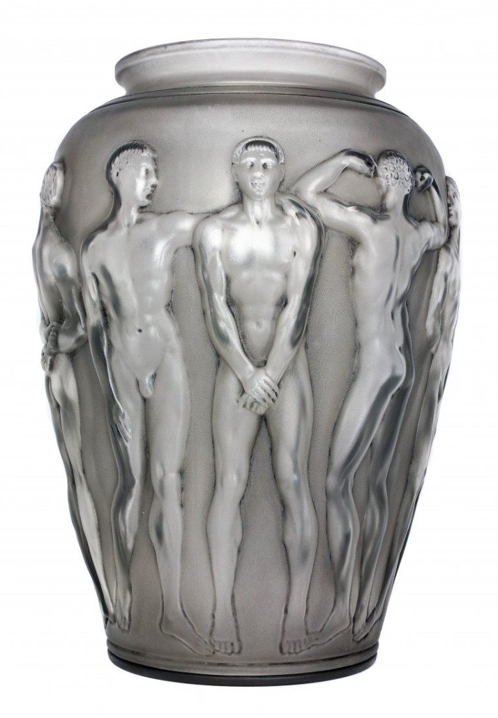 Monumental gray glass vase by Rene Lalique, titled ‘Palestre,’ 16 inches tall, circa 1928, Estimate: $30,000-$50,000. A.B. Levy’s image