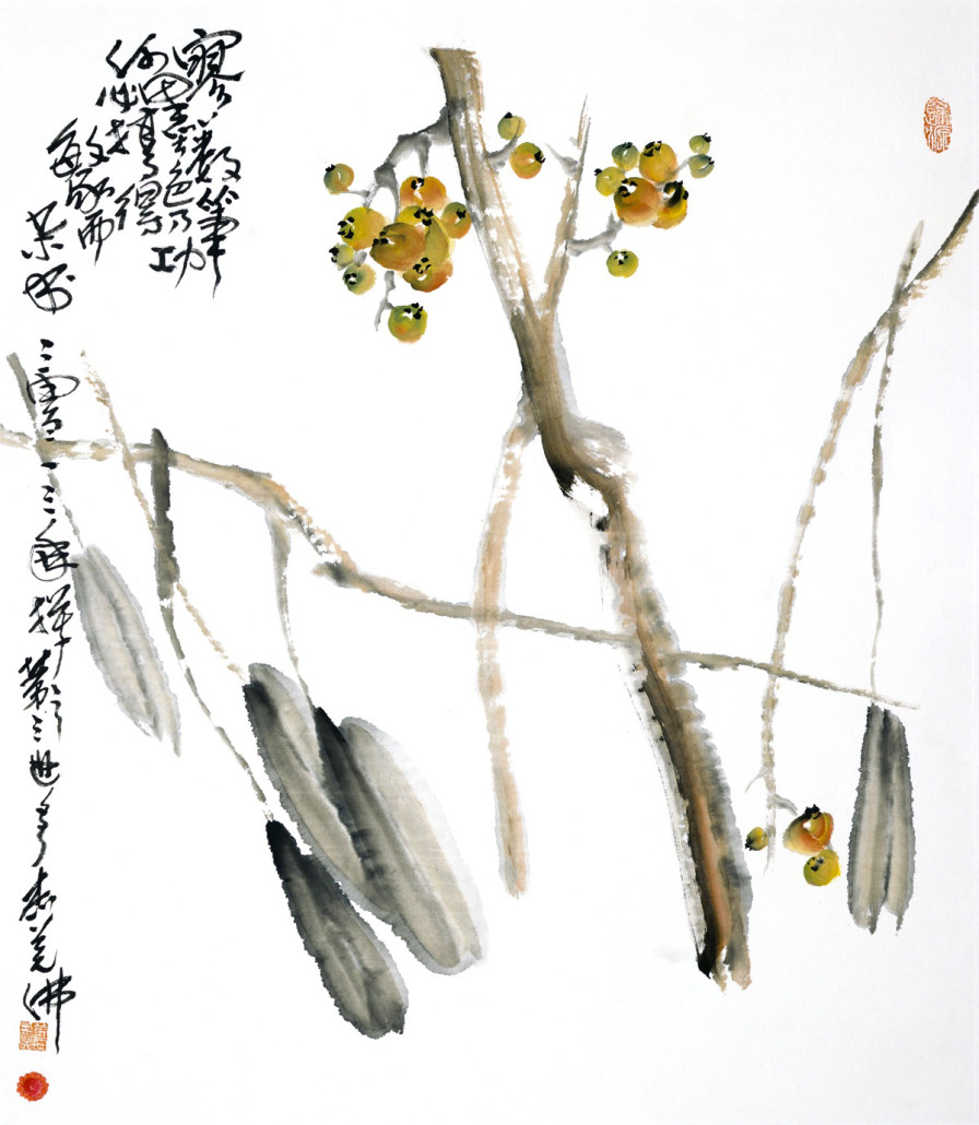 ‘Loquat,’ 2013, by HH Dorji Chang Buddha III. A minimalist but dynamic portrayal created by deft strokes, with no extraneous marks. Carries the bell seal of Dorji Chang Buddha III and a three-dimensional finger print Gui Yuan. Sold for $10.2 million, hammer price, on Sept. 12, 2015. Gianguan Auctions image