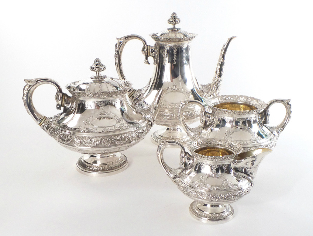 Lot 443: Edward and J. Barnard sterling silver tea service. Roland Auctions 