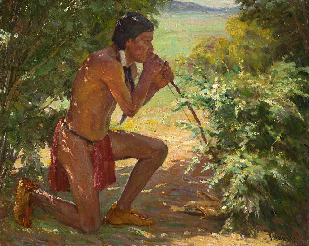 ‘Watchful Waiting (Bawling Deer)’ is an excellent example of Joseph Henry Sharp’s (1859-1953 Taos, N.M.) studies of Native American life (estimate: $90,000 to $120,000). John Moran Auctioneers image