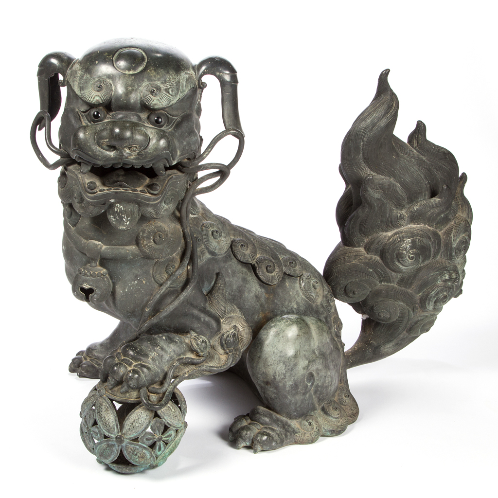 Chinese bronze guardian lion/foo dog, 23in high x 29in long, 19th century, from a large selection of Asian material. Jeffrey S. Evans & Associates image