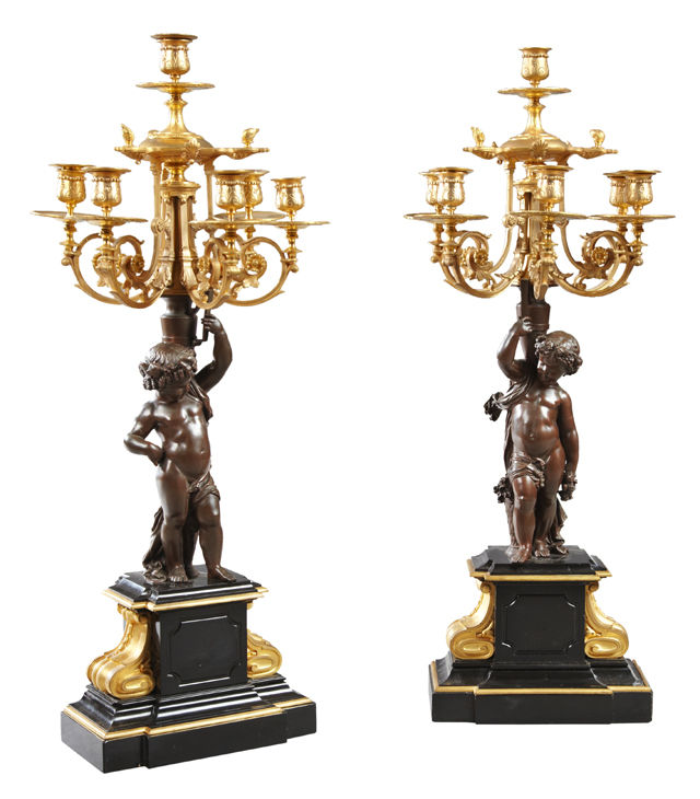 Exceptional pair of 19th century gilt and patinated bronze and marble six-light candelabra, 32in high. Estimate: $5,000-$7,000. Crescent City Auction Gallery image 