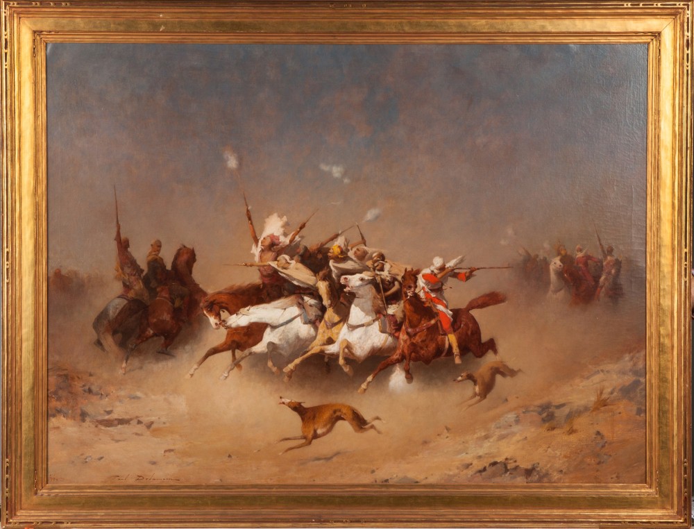 Impressive oil on canvas by French artist Paul Delamain (1821-1882), 'Arabian Salute,' 1880. Price realized: $44,850. Cottone Auctions image