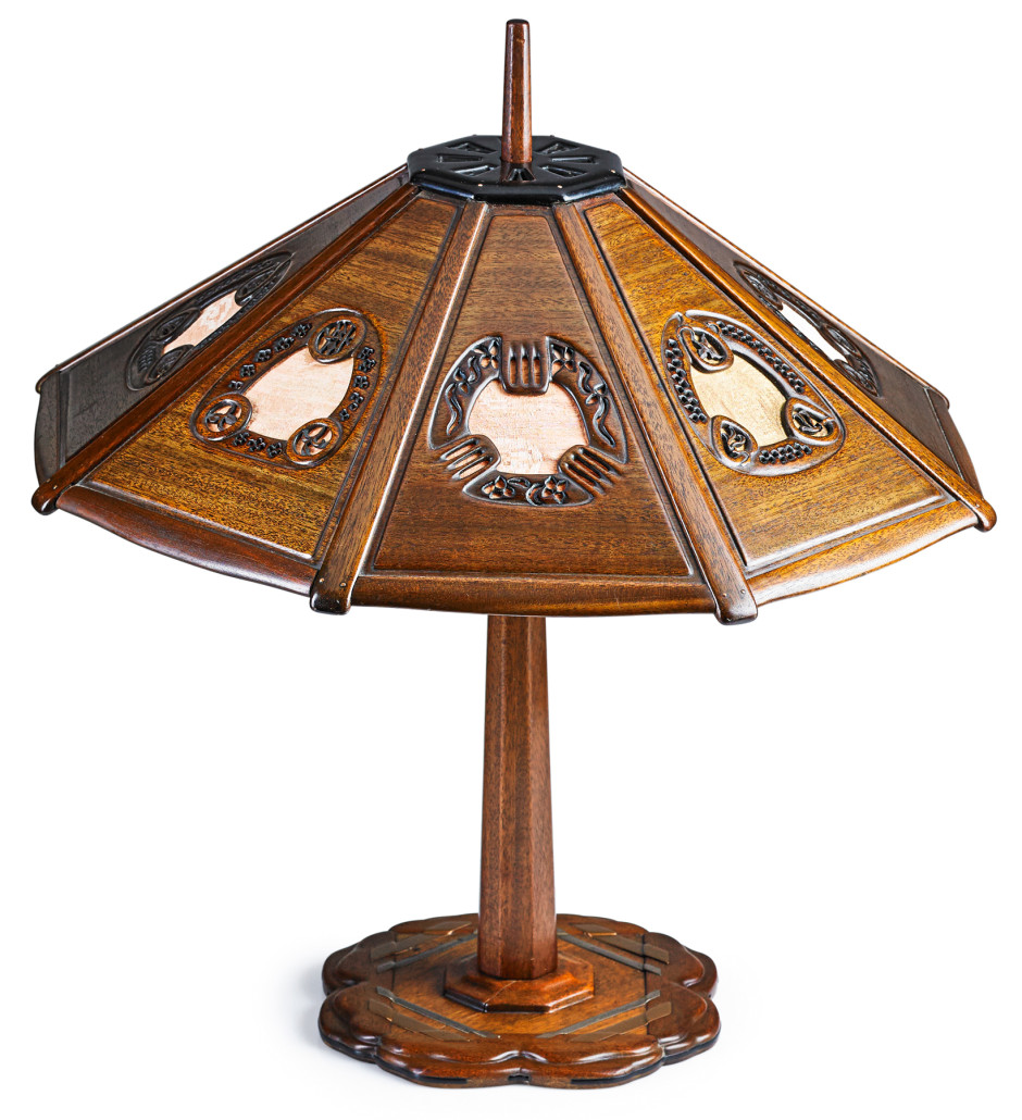 Lot 554: Greene & Greene, unique table lamp with inlay and cutouts, Pasadena, Calif., 1912; unmarked; 24 1/2in x 23in. Estimate: $40,000–$60,000. Rago Arts and Auction image 