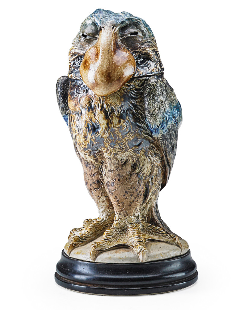 Lot 602: Martin Brothers, glazed stoneware bird tobacco jar, England, 1898, 10 1/2in x 5in. Estimate: $17,500–$22,500. Rago Arts and Auction image