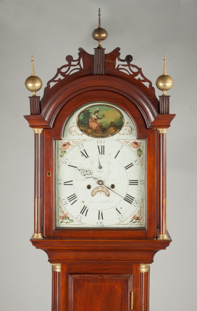 Simon Willard tall case clock made for Capt. Benjamin Webb in 1778, majestic at 7 feet 6 inches tall, with figured and inlaid mahogany case. Price realized: $48,300. Cottone Auctions image