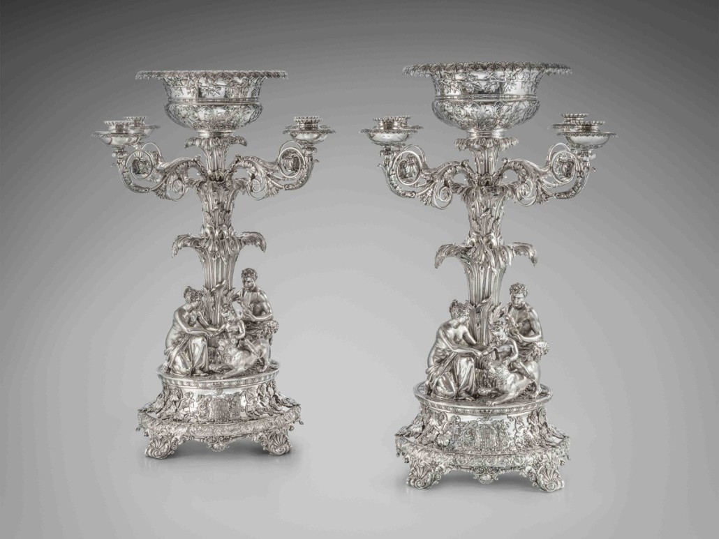 An important pair of George IV four-light candelabra ordered from Paul Storr by Baron Henrique Teixera de Sampaio, the richest man in Portugal in 1822-23. Photo Koopman Rare Art