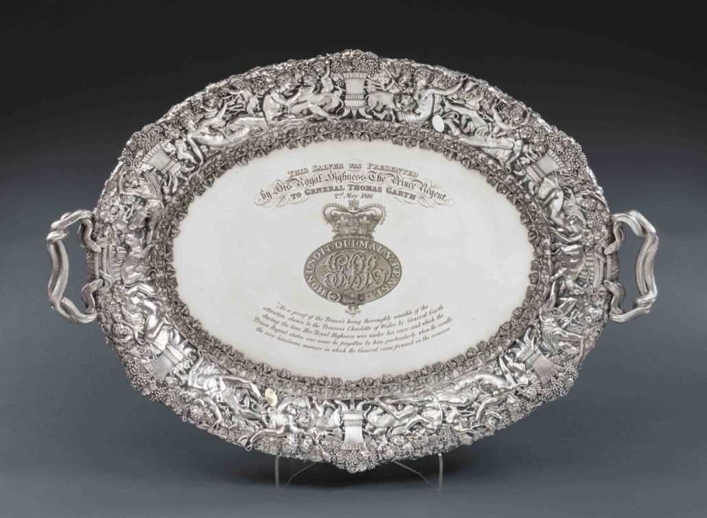 A salver commissioned from Storr by the Prince Regent in 1816 to present to Gen. Thomas Garth in thanks for his guardianship of his daughter, Princess Charlotte of Wales. Photo Koopman Rare Art