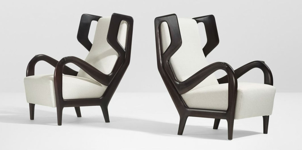Gio Ponti lounge chairs, pair, Ariberto Colombo, Italy, 1949-1950, lacquered wood, upholstery, 26in wide x 33in diameter x 39.5 in high. Estimate: $70,000-$90,000. Wright image