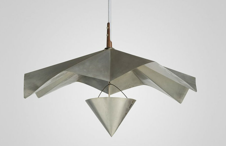 Unique Alexander Calder light fixture, USA, circa 1960, hand-cut and formed aluminum, carved wood, steel wire, 28.5in wide x 19.75in diameter x 39in high. Estimate: $100,000-$150,000. Wright image 