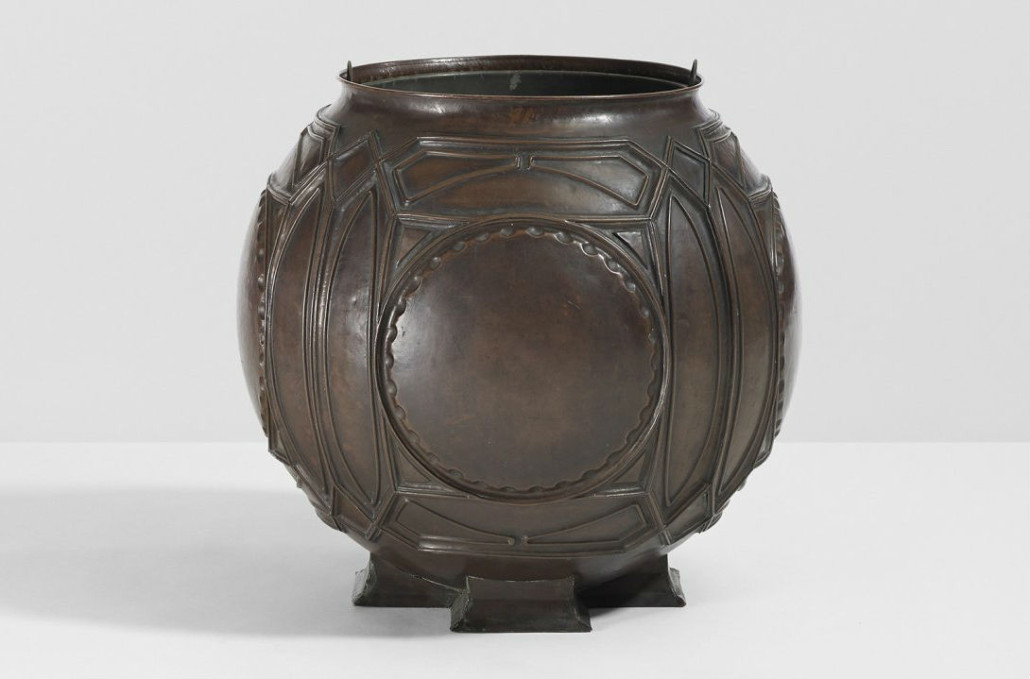Frank Lloyd Wright urn from the Edward C. Waller House, River Forest, Illinois, James A. Miller and Brother, USA, 1899, hand-hammered copper, galvanized tin 19in diameter x 18in high. Estimate: $700,000-$900,000. Wright image 