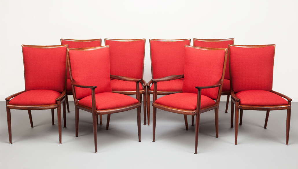 Sam Maloof set of eight dining chairs, 1961, upholstered walnut. Stamped to undersides Designed made Maloof California, 6,12, 60. Estimate: $40,000-$60,000. Heritage auctions image