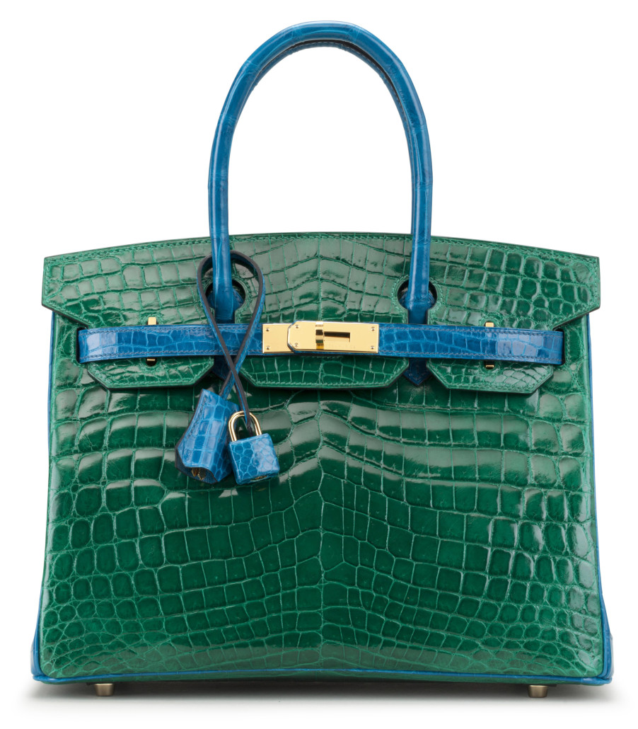 Special order Hermes Birkins attract collectors’ interest – here a 30cm Horseshoe Stamp Shiny Vert Emeraude and Bleu Izmir Nilo Crocodile example from 2014. Courtesy Christie’s