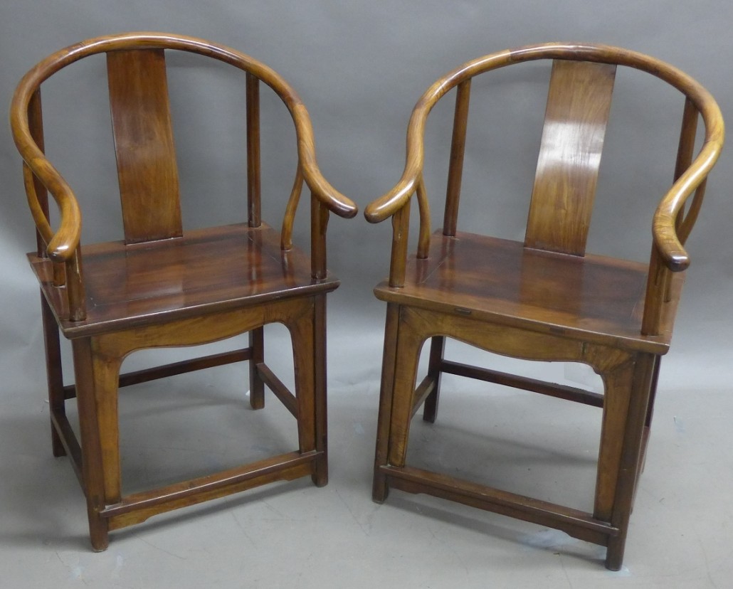 Pair antique Ming-style chairs, possibly huanghuali wood, est. $2,000-$3,000