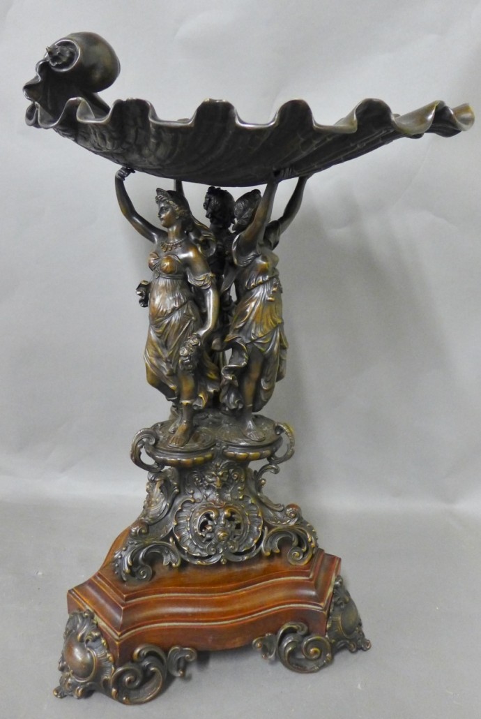 Antique patinated bronze centerpiece, possibly unique, robed women supporting large shell, est. $5,000-$7,000