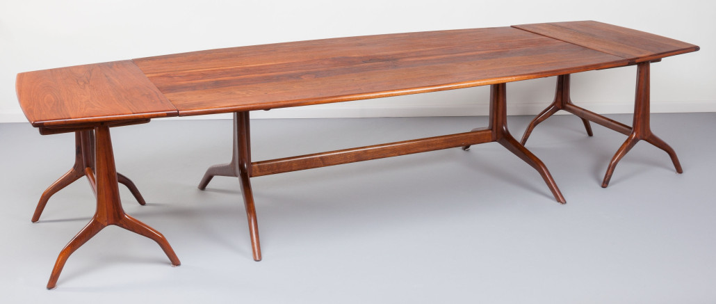 Sam Maloof early dining table with end table extensions, 1961, California walnut, leather, 87 3/4 long x 48 inches wide. Fully extended the table measures 131 inches long. Estimate: $35,000-$55,000. Heritage auctions image