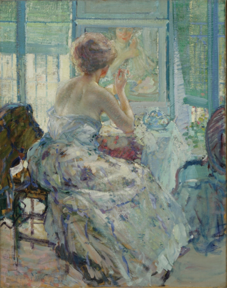 Richard Edward Miller (American, 1875-1943) 'Woman at her Vanity with Earring,' 1910-1914, oil on canvas, 36 ¼ x 28 ½ inches. Estimate: $200,000-400,000. Keno image