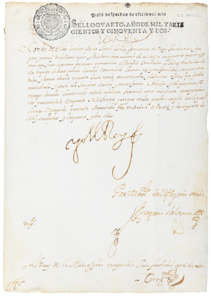 One of an archive of 26 manuscript letters signed by King Philip IV of Spain, including instructions for governing the colony of New Spain from 1651 to 1653. Estimate: $80,000-$120,000. PBA Galleries image