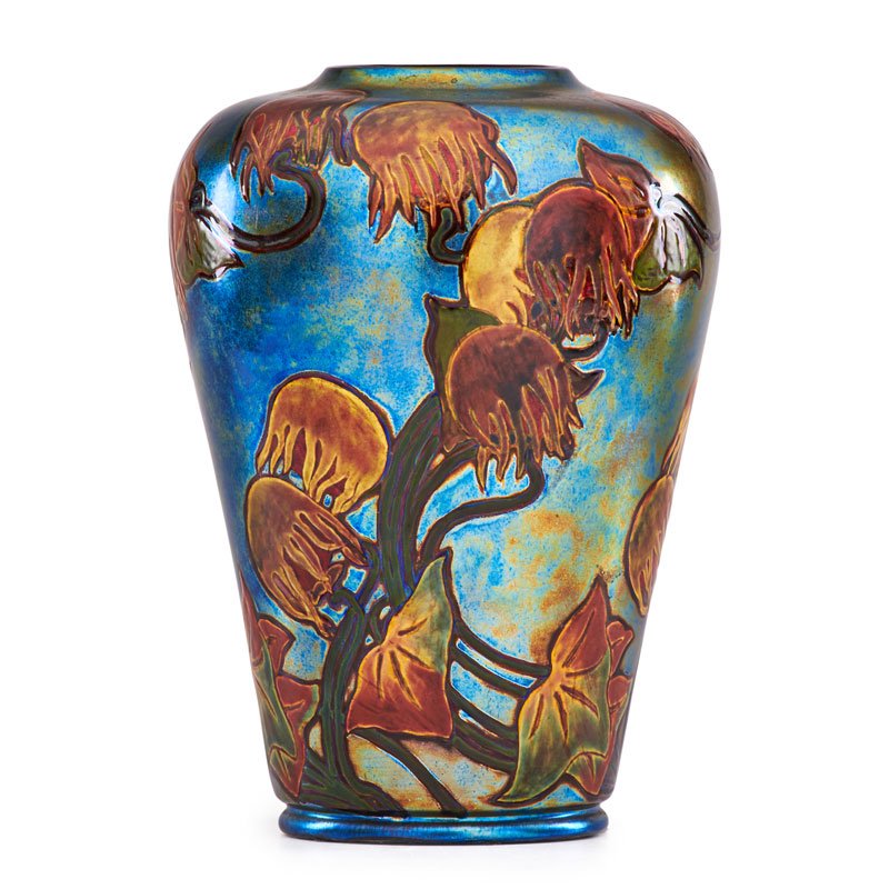 Sandor Apati Abt (1870-1916), fine Zsolnay vase with stylized flowering vine, ca. 1908, 11 3/4in x 8in. Estimate: $14,000-$18,000. Rago Arts & Auction Center