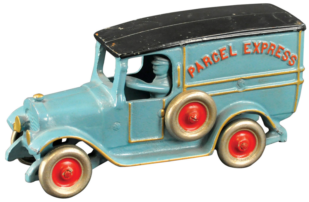 Dent factory sample Parcel Express Van with factory tag, cast iron, 8 inches long. Provenance: Jay Schoedinger collection, ex Gottschalk collection