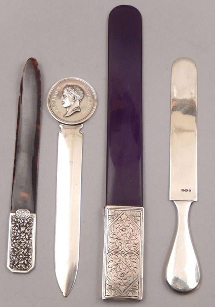 Sterling silver selection including page turners and (second from left) Christofle letter opener depicting Napoleon