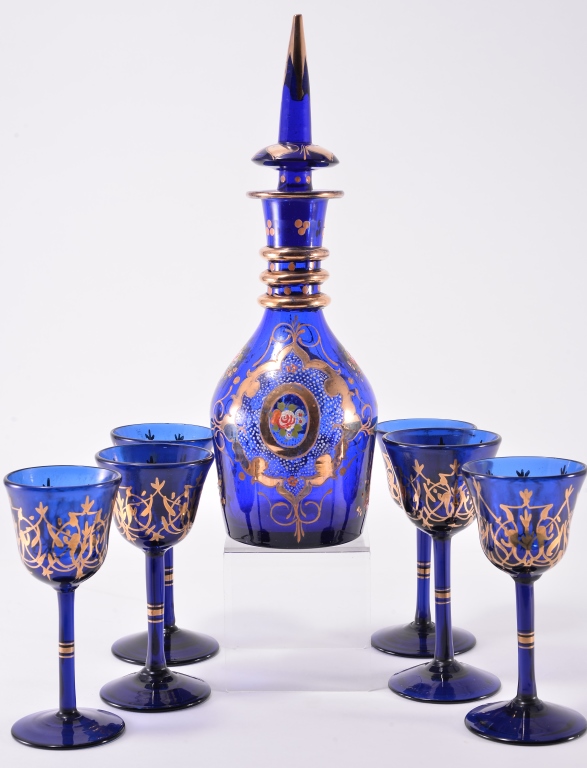 Hand-blown painted blue decanter and wine stems with gold overlay, 14 inches tall. Specialists of the South image