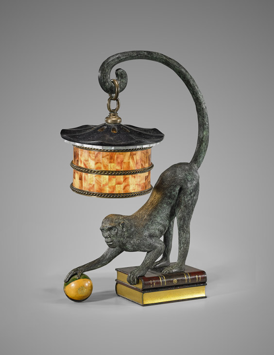 Lot 527 - Vintage bronze lamp having a glass and stone shade. I.M. Chait image 