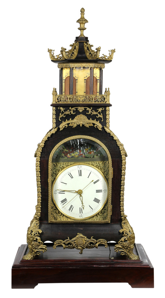 This Chinese triple fusee, rosewood and bronze mounted bracket clock with automaton is estimated to achieve $50,000-$70,000. Clars Auction Gallery image