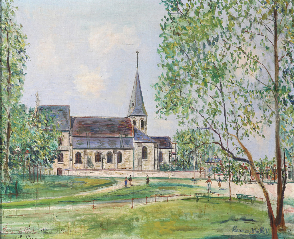 ‘Eglise de Chatou’ by Maurice Utrillo (French, 1883-1955), will be offered for $60,000-$90,000. Clars Auction Gallery image