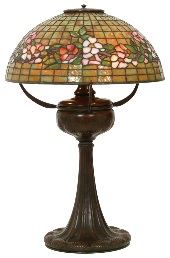 Tiffany & Co. banded Dogwood table lamp, 27 inches high, with 18-inch signed domical shade. Estimate: $25,000-$35,000. Fontaine's Auction Gallery image 