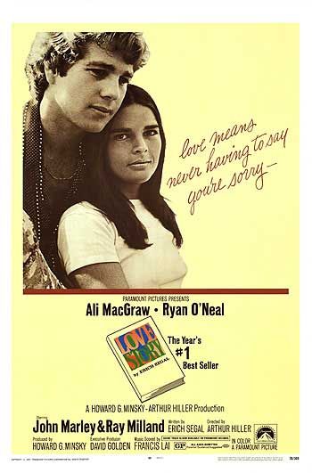 Theatrical release promotional poster for the 1970 Paramount Pictures film 'Love Story,' starring Ryan O'Neal and Ali MacGraw. Fair use of scaled-down low-resolution image to provide commentary on the movie in question. 