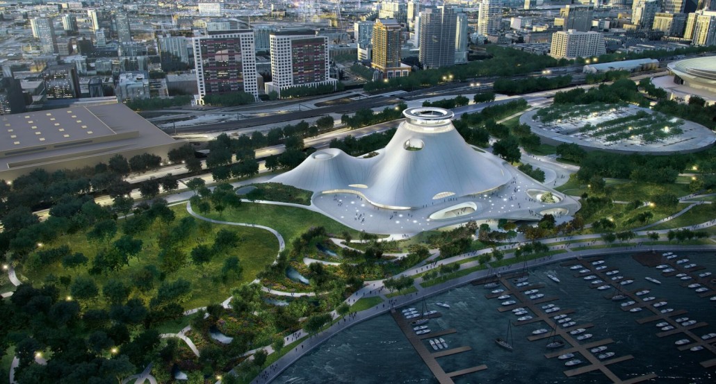 A bird’s eye view of the Lucas Museum of Narrative Art and surrounding park setting. Drawings courtesy of Lucas Museum of Narrative Art. Used under authorization. All rights reserved.