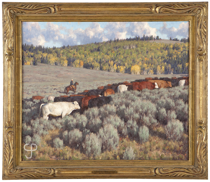 Tucker Smith’s (b. 1940 Wyoming) ‘Gathering the Quarter Circle Five’ sold for $26,400 (est.: $10,000-$15,000). John Moran Auctioneers image