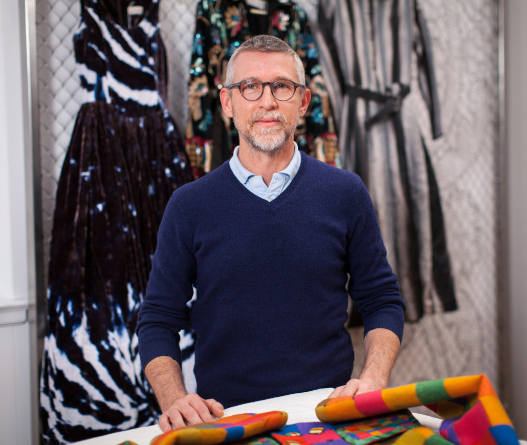 Designer Todd Oldham with some of his recent gifts to the RISD Museum's costume and textiles collection. Oldham's gifts are featured in 'All of Everything: Todd Oldham Fashion,' on view at the RISD Museum April 8-Sept. 11. Photograph courtesy of the RISD Museum, Providence, R.I.