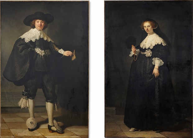 Rembrandt (Dutch, 1606-1669), pendant portraits of Maerten Soolmans and Oopjen coppit, 1634, jointly owned by Rijksmuseum and The Louvre. Image in the public domain in the USA where copyright term is the author's life plus 100 years. 