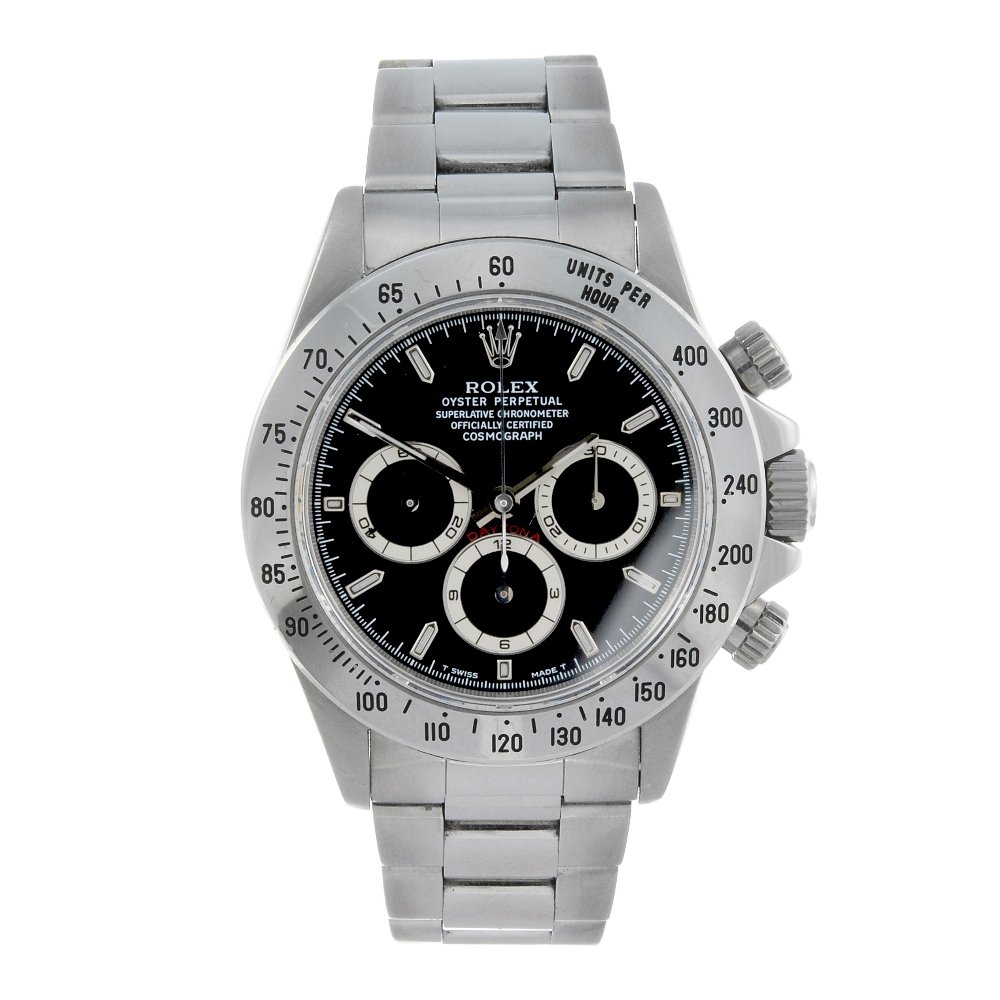 Rolex Oyster Perpetual Cosmograph Daytona chronograph bracelet watch, circa 1996 with stainless steel case with tachymeter bezel. LiveAuctioneers.com archive and Fellows