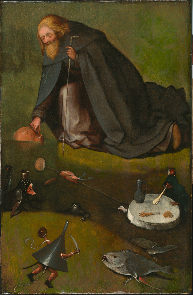 Hieronymus Bosch, Netherlandish (ca. 1450–1516). The Temptation of St. Anthony, ca. 1500-1510. Oil on panel (oak), 15 3/16 x 9 7/8 inches (38.6 x 25.1 cm). The Nelson-Atkins Museum of Art, Kansas City, Missouri. Purchase: William Rockhill Nelson Trust, 35-22.