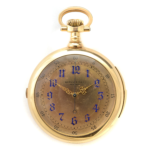 Lot 100 - Bartens & Rice 18K yellow gold, platinum minute repeater open face pocket watch. Estimate: $4,000-$6,000. Michaan’s Auctions image